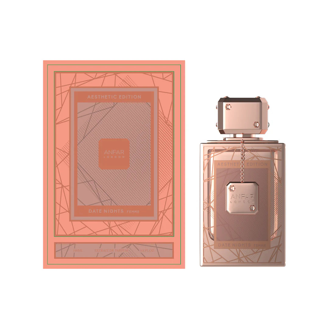 Anfar London Date Nights Femme perfume bottle in rose gold alongside its peach and copper geometric patterned box.