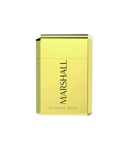 Rectangular gold-toned Marshall Dynamic Gold perfume bottle with faceted edges and vertical black lettering.