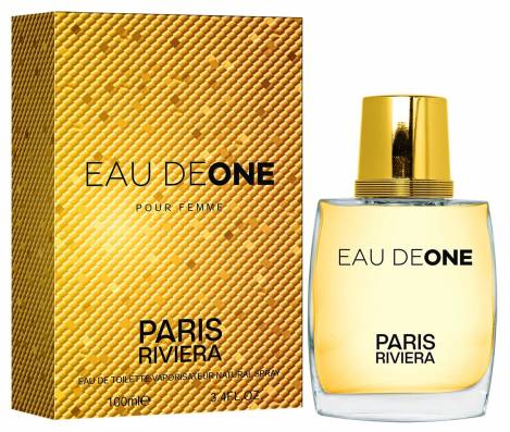Paris Riviera Eau DeOne Pour Femme 100ml perfume bottle next to its gold textured box.