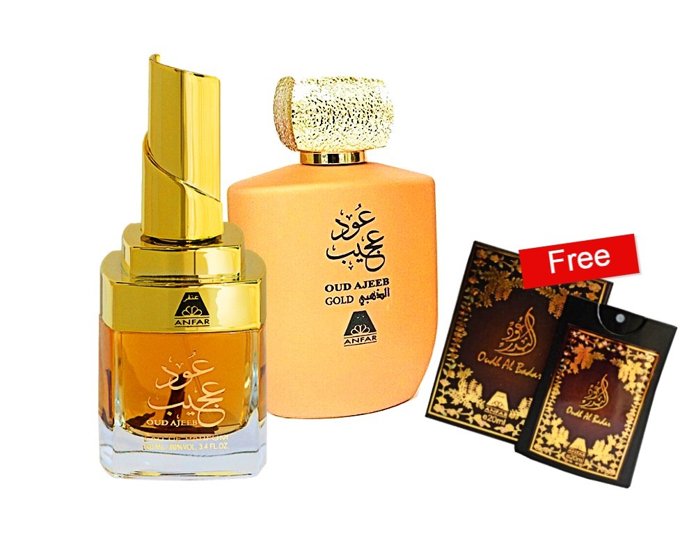 ANFAR Oud Ajeeb perfume set featuring two distinct bottles and free fragrance samples.
