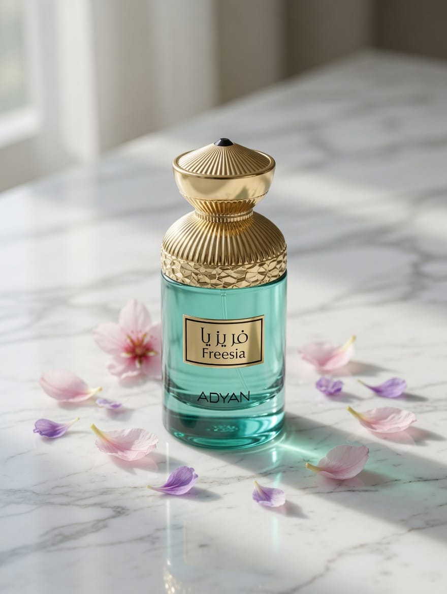 Soft Powdery Floral Perfume Freesia by Adyan Extrait de Parfum bottle on a top