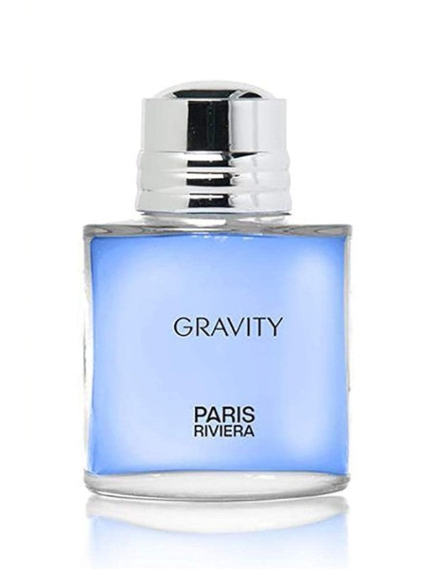Gravity Paris Riviera perfume bottle with light blue liquid and a ridged silver cap.