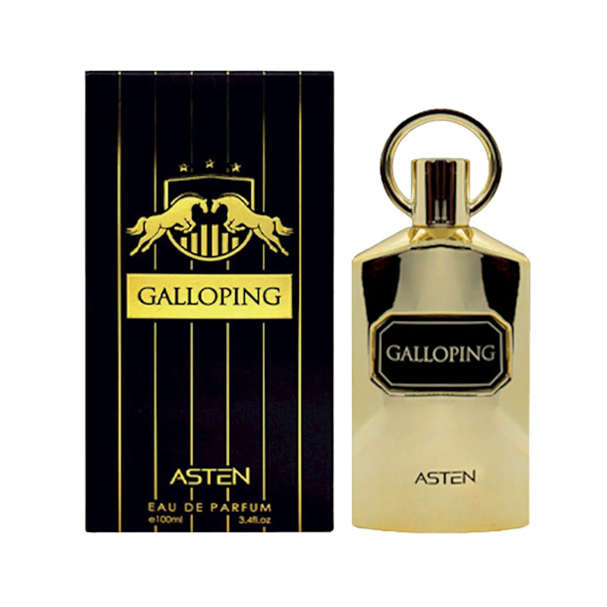 ASTEN Galloping Eau de Parfum: a gold faceted bottle with a ring cap next to its matching black and gold box.