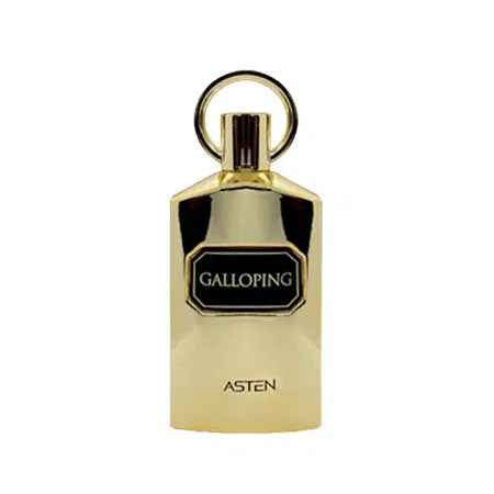 Gold Asten Galloping perfume bottle with a large circular gold ring cap.