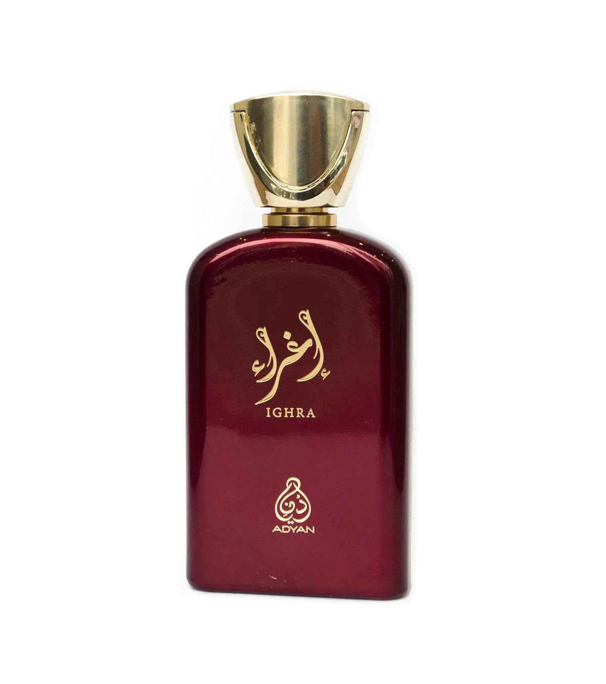 Burgundy Adyan Ighra perfume bottle featuring gold Arabic calligraphy and a gold flared cap. a oud perfume for woman