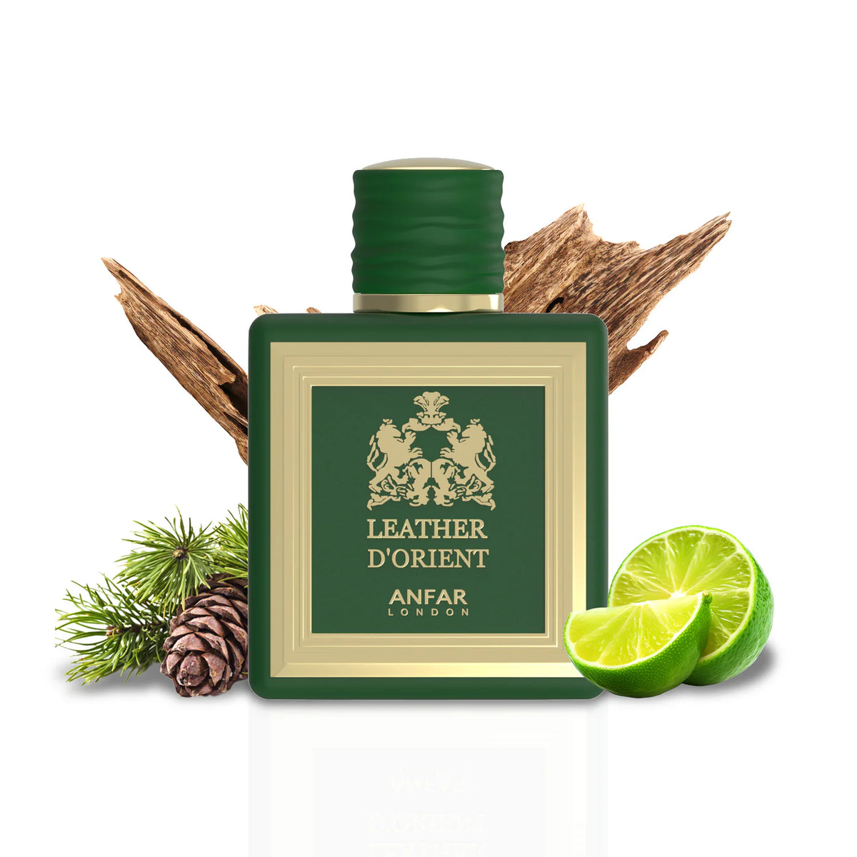 Anfar London Leather D'Orient perfume in a green bottle, accented by wood, pine needles, and fresh lime.
