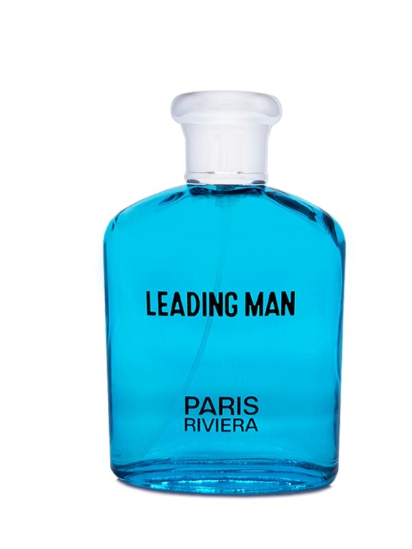 Rectangular clear glass bottle of Leading Man Paris Riviera cologne with bright blue liquid.
