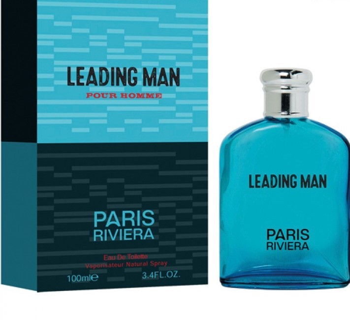 Leading Man by Paris Riviera: a teal glass perfume bottle next to its matching teal and navy box.