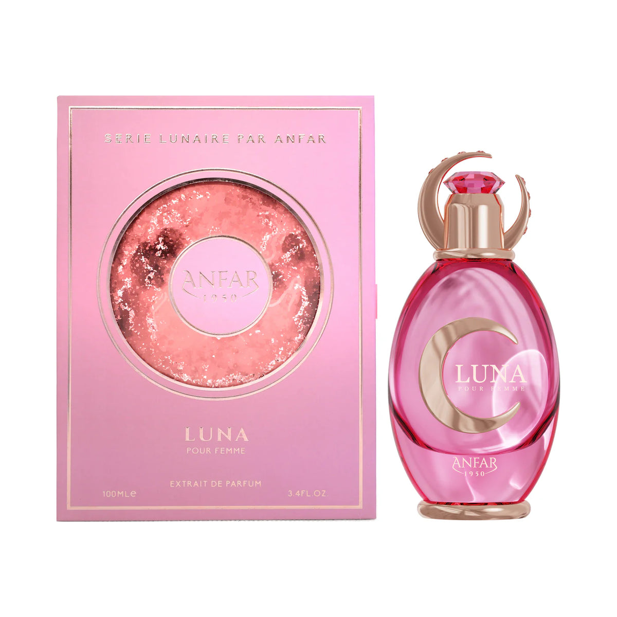 An elegant glass perfume bottle for Luna 100ml Extrait de Parfum by Anfar 1950, with a luminous liquid and a refined cap, shown in a clean product shot.