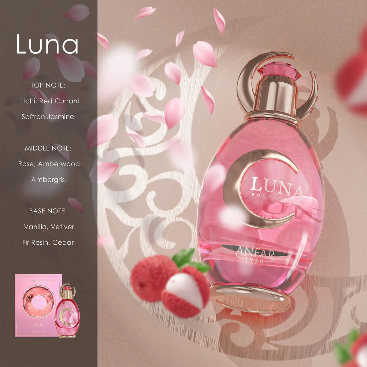 An elegant glass perfume bottle for Luna 100ml Extrait de Parfum by Anfar 1950, with a luminous liquid and a refined cap, shown in a clean product shot.