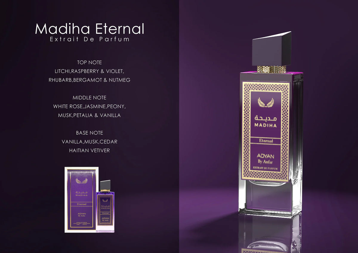 Madiha Eternal by Adyan: The affordable Extrait De Parfum similar to Delina by Parfums de Marly. Experience the best long-lasting perfume with vibrant Litchi, Peony, and a clean Haitian Vetiver base. Unisex scent. available at Oudh Shop