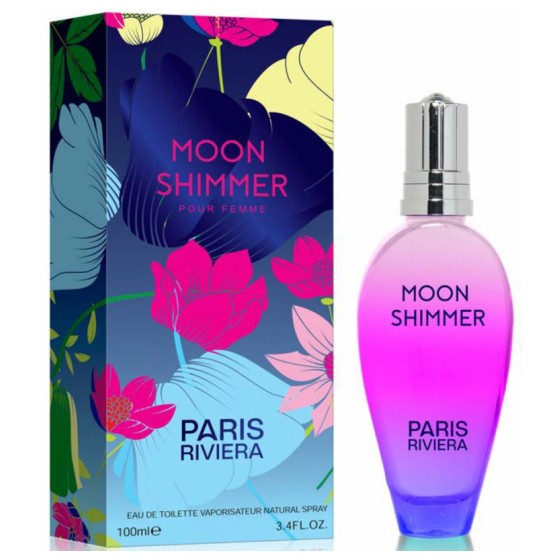 Paris Riviera Moon Shimmer perfume featuring a floral box and a pink-to-purple gradient bottle.