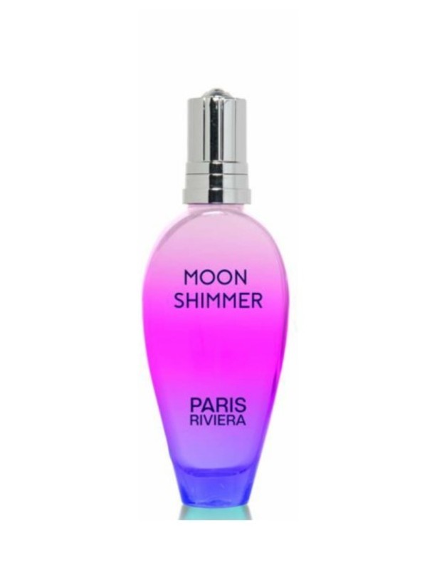 Paris Riviera Moon Shimmer perfume in a pink and blue gradient teardrop-shaped bottle with a silver cap.