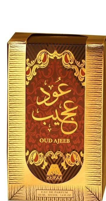 Gold and brown box for Anfar Oud Ajeeb Eau de Parfum with ornate filigree and Arabic calligraphy.