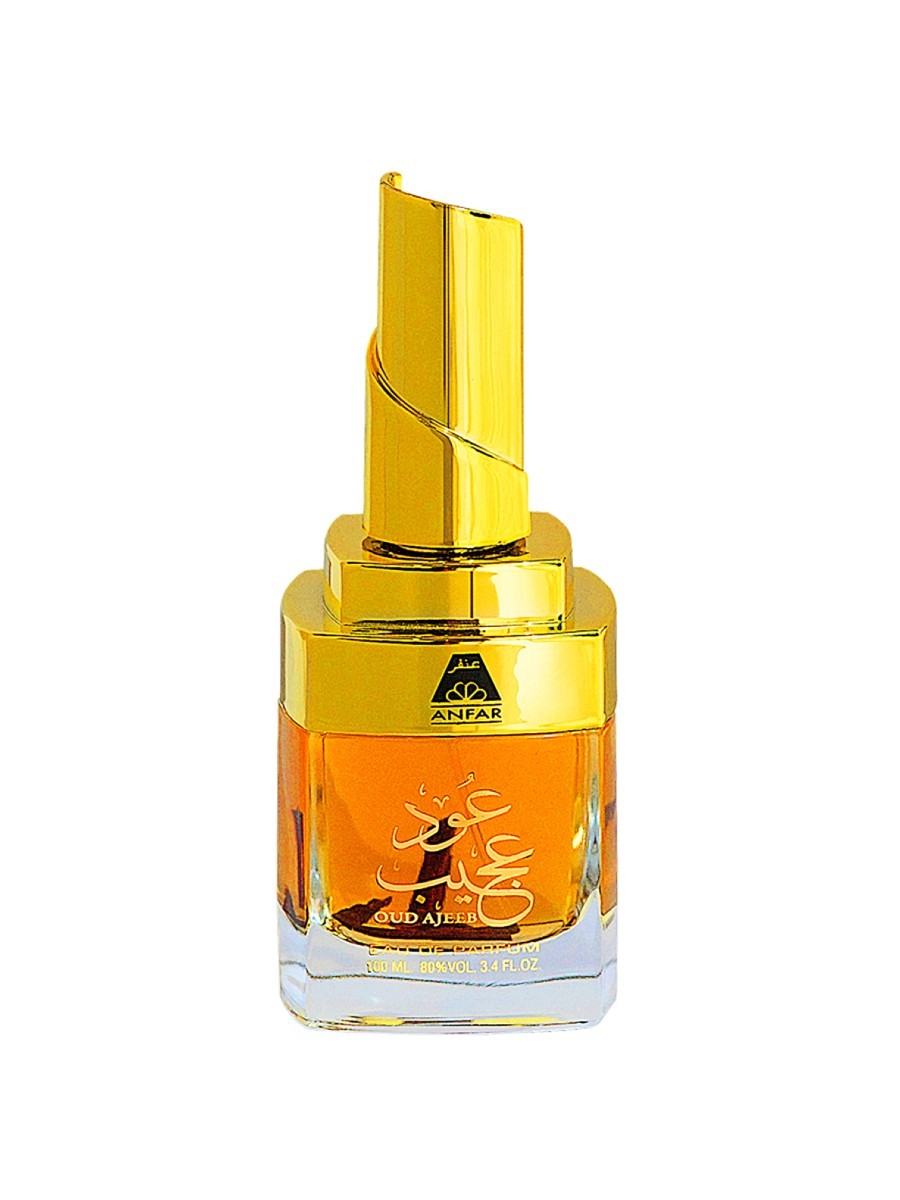 Anfar Oud Ajeeb perfume bottle with amber liquid and a decorative gold cap.