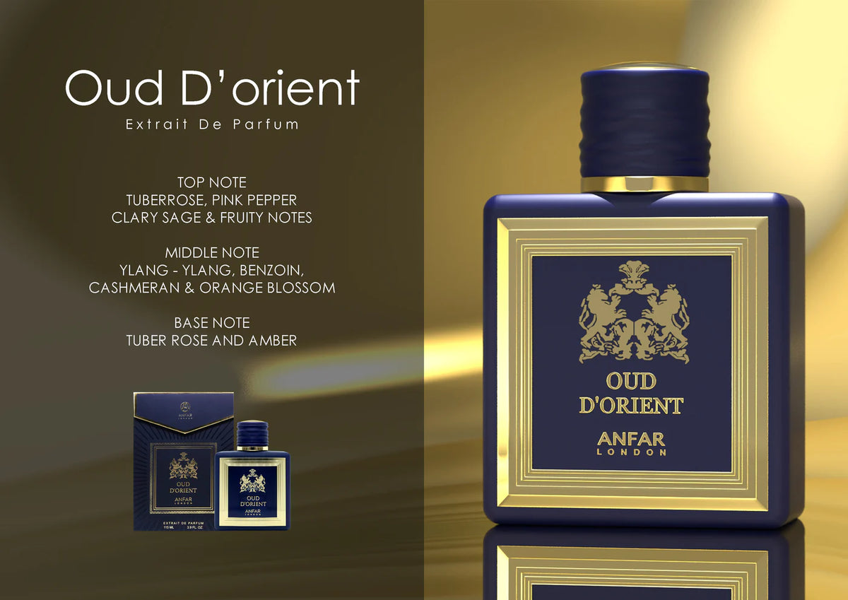 Bottle of Best oud perfumes for men - Oud D’Orient by Anfar London – 115ml Extrait de Parfum