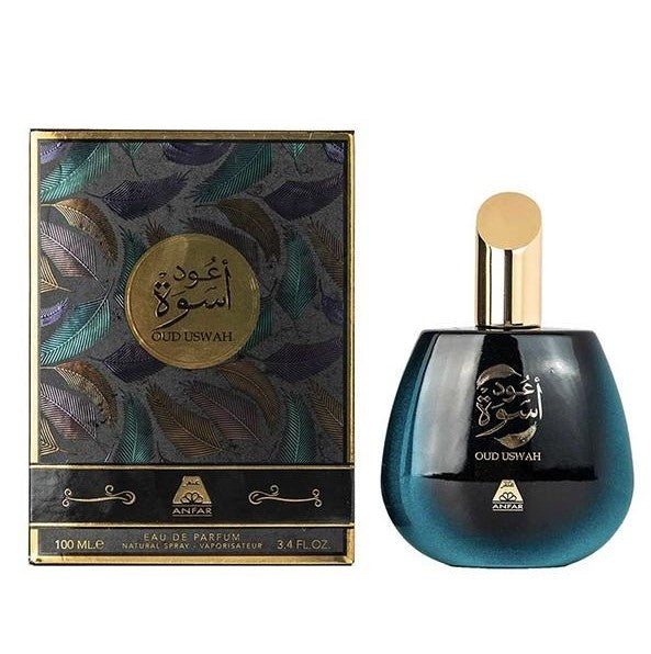 Anfar Oud Uswah Eau de Parfum bottle and its matching decorative feather-patterned box.