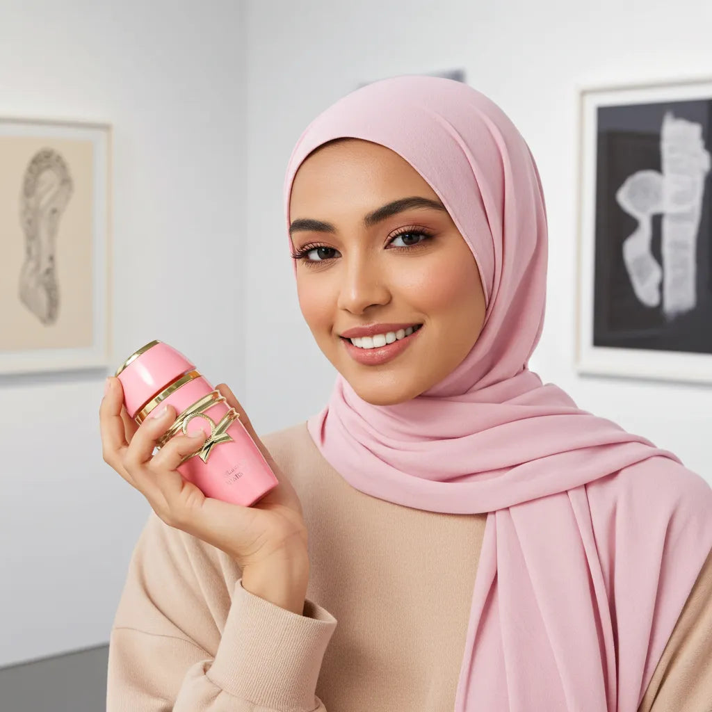a young lady holding sweet vanilla musk perfume majestic by adyan bottle