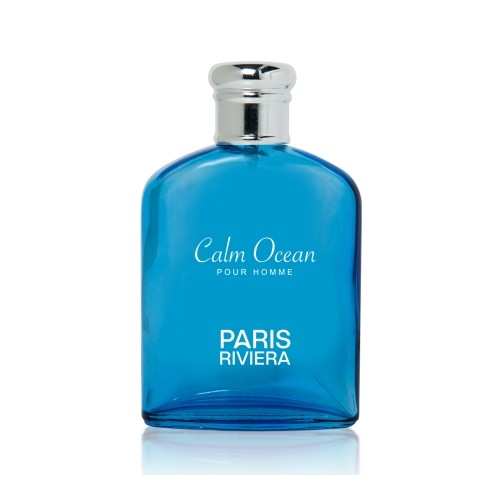 Calm Ocean Pour Homme by Paris Riviera in a translucent blue bottle with a silver cap.