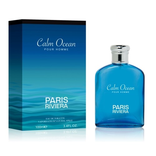Paris Riviera Calm Ocean Pour Homme: 100ml Eau de Toilette bottle and blue ocean-themed box.