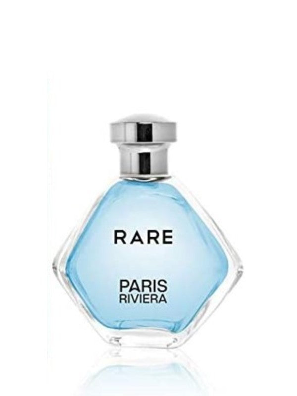 Rare by Paris Riviera perfume in a diamond-shaped glass bottle with light blue liquid and a silver cap.