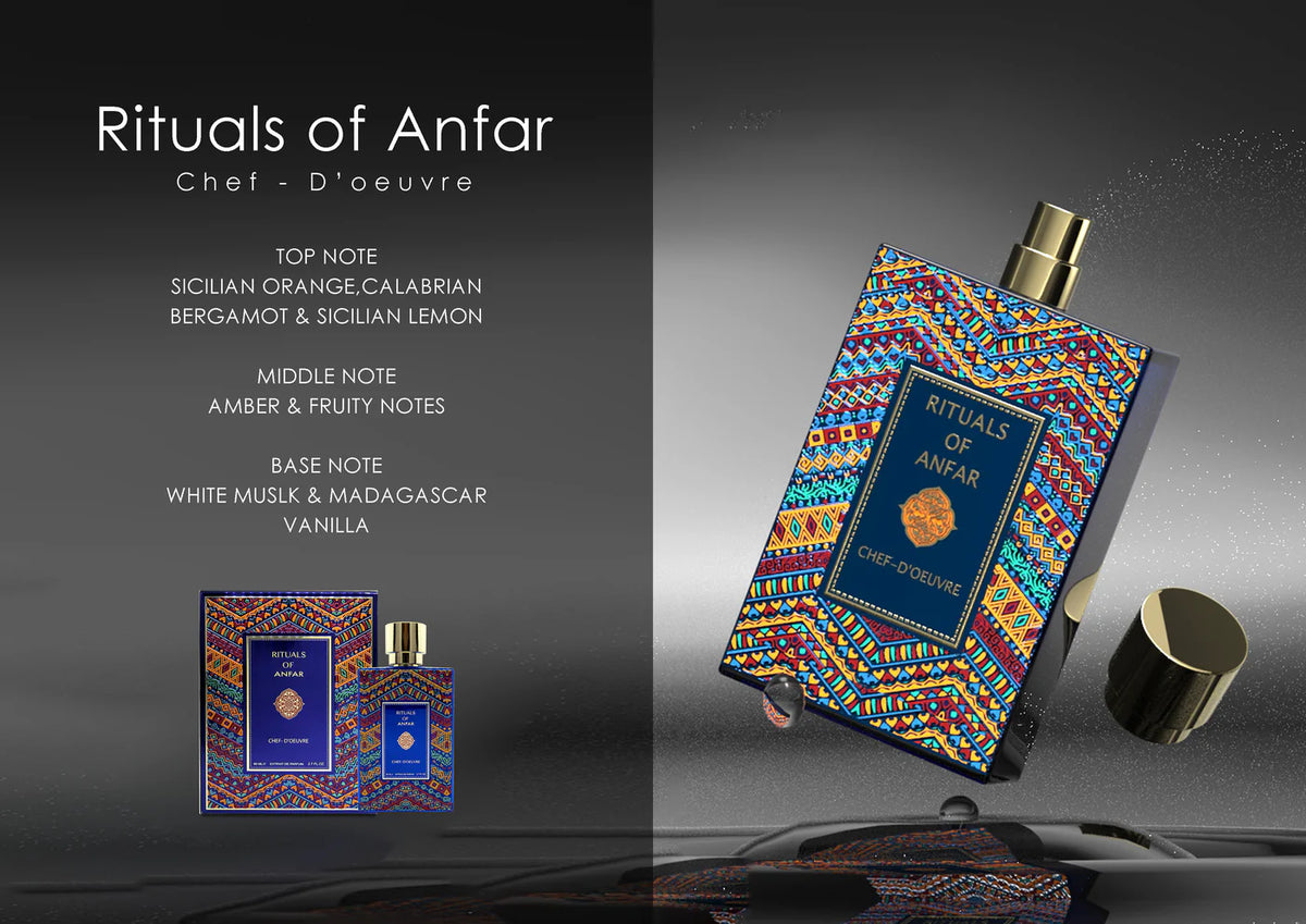 An exquisite bottle of Rituals of Anfar Chef-D'Oeuvre 80ml Extrait de Parfum on a dark, luxurious background, showcasing the brand's elegant packaging.