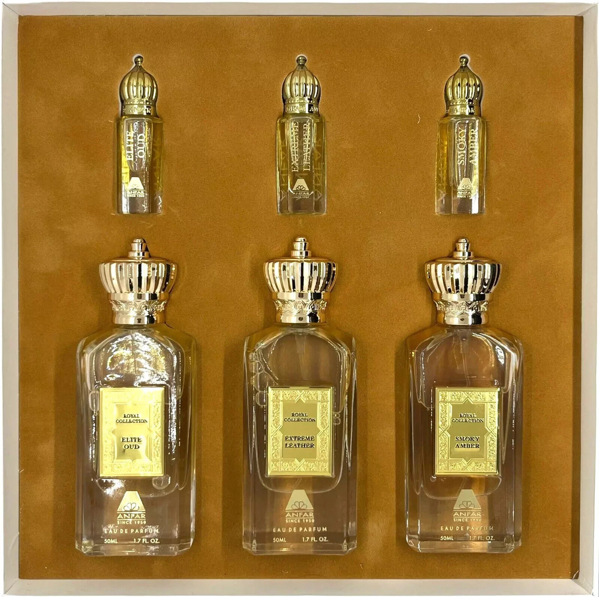Royal Collection Gift Set by Anfar featuring 3 Arabic perfumes and 3 oud oils in luxury packaging