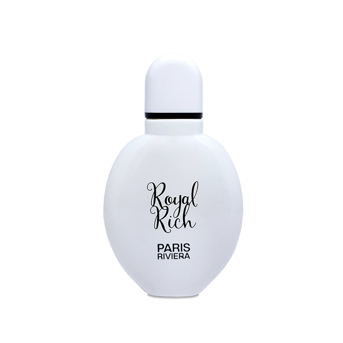 Rounded white perfume bottle labeled 'Royal Rich PARIS RIVIERA' in black text.