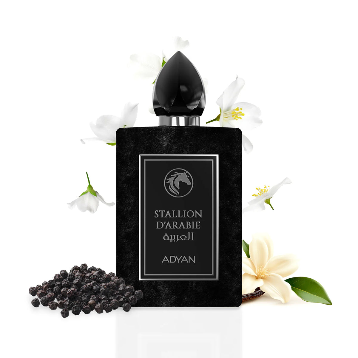 Luxury Arabian Perfume Stallion D’Arabie by Adyan a bold 100ml extrait de parfum with citrus, floral, vanilla, woody notes. Luxury gift bottle.