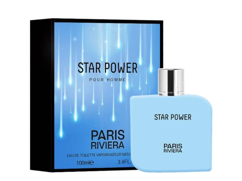 Star Power Pour Homme perfume by Paris Riviera: A light blue frosted bottle next to its matching starry-themed box.