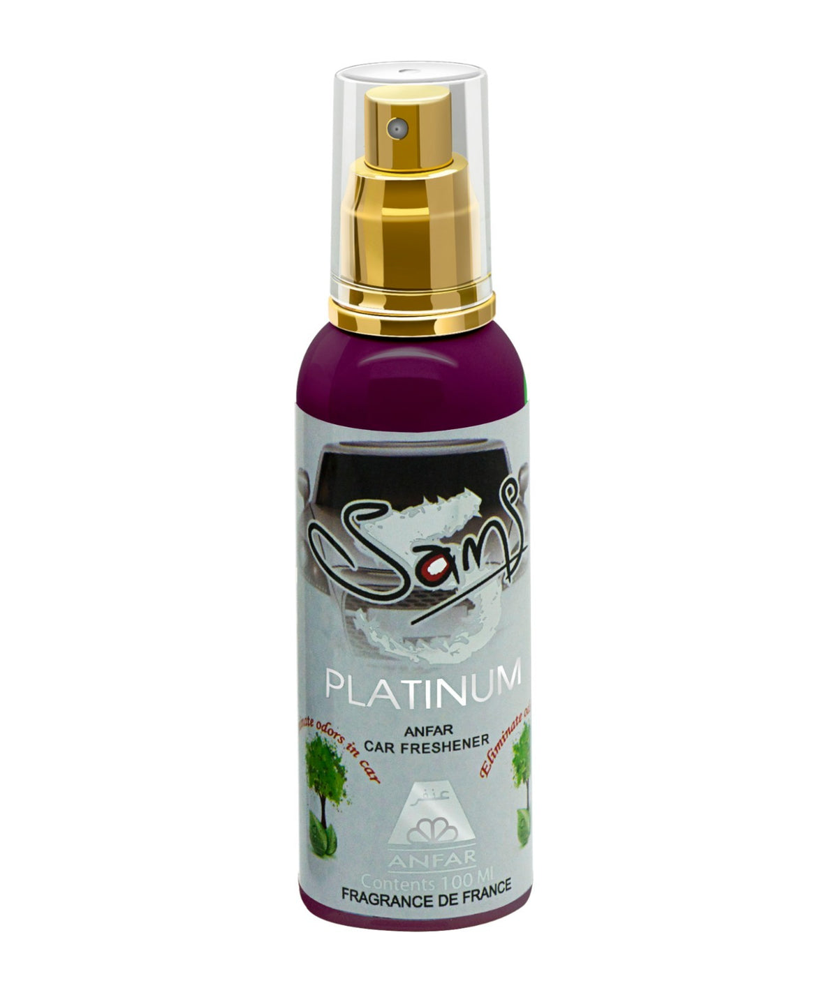 Sam's Platinum Anfar Car Freshener, 100ml purple bottle with a gold spray nozzle and clear cap.