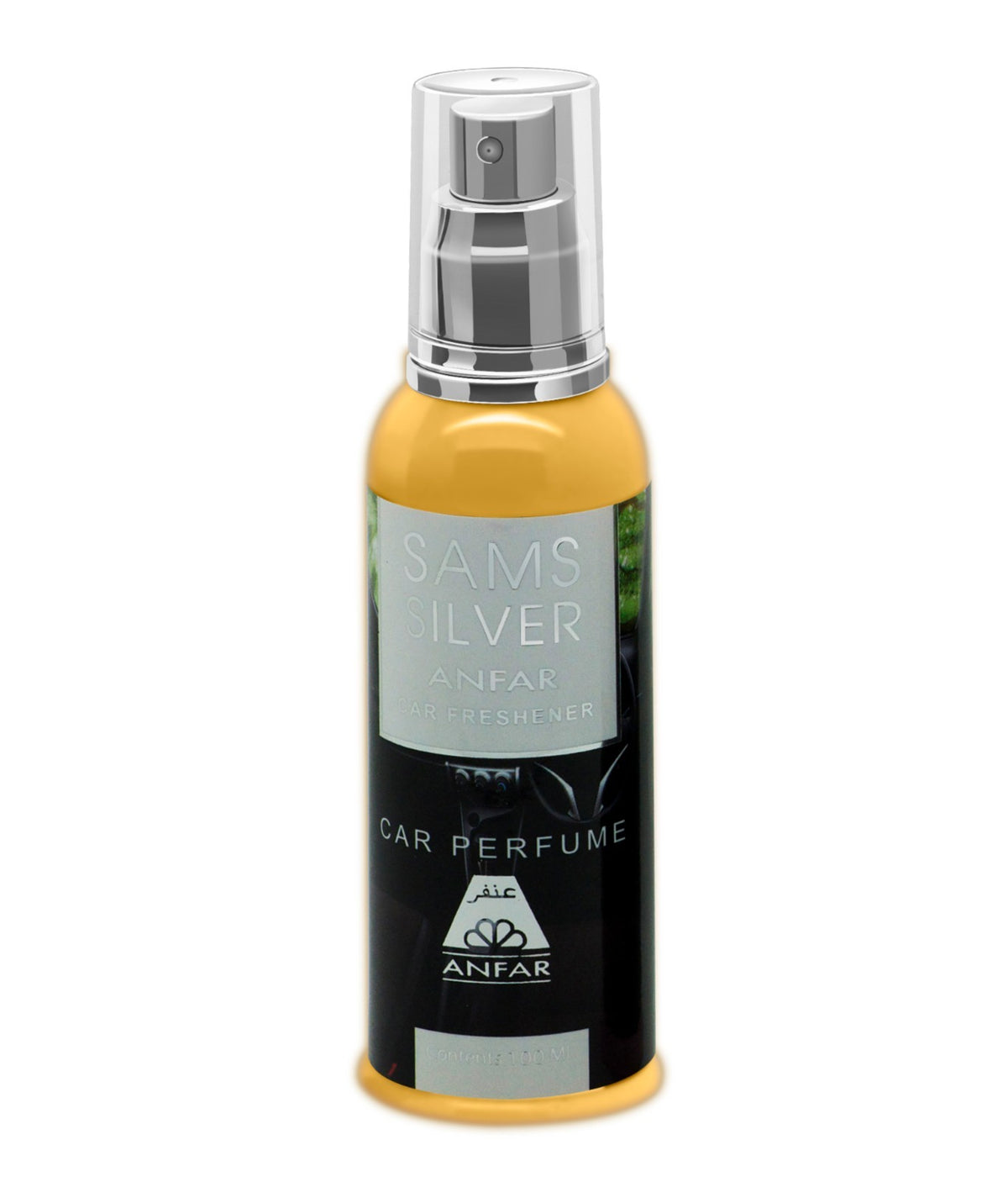 A yellow spray bottle of Anfar Sams Silver car perfume with a silver pump and a clear plastic cap.