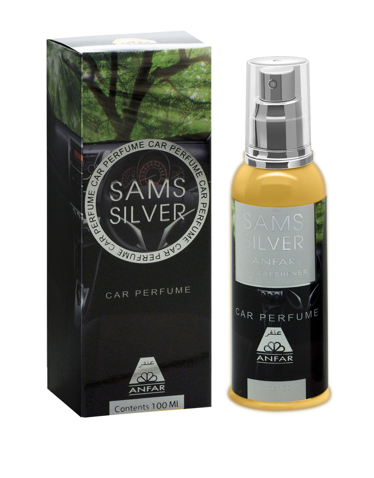 Anfar Sams Silver 100ml car perfume spray bottle and retail box featuring forest and car interior imagery.