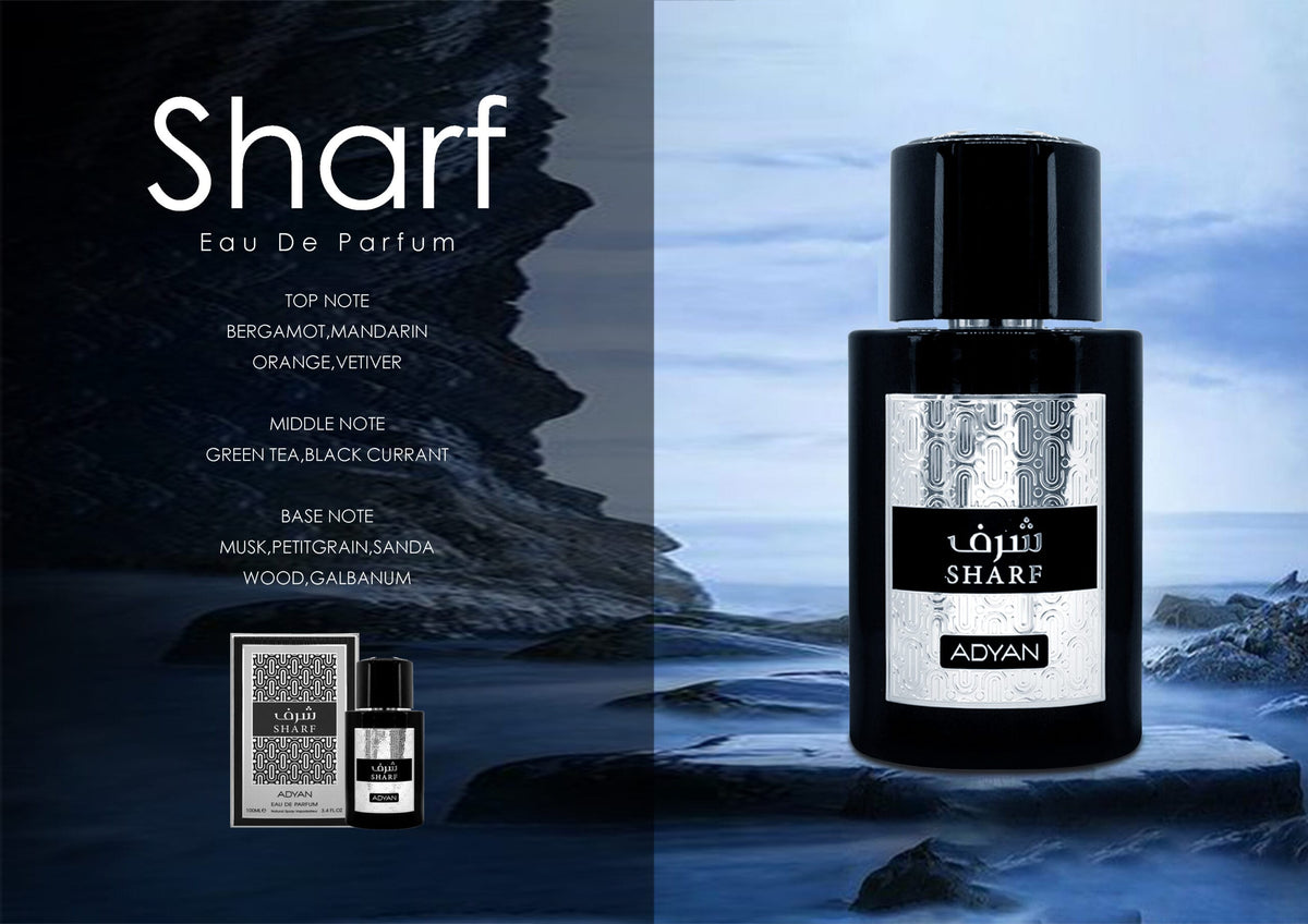 Sharf by Adyan sandalwood perfume for men showing bergamot, green tea and creamy sandalwood notes in elegant composition notes details