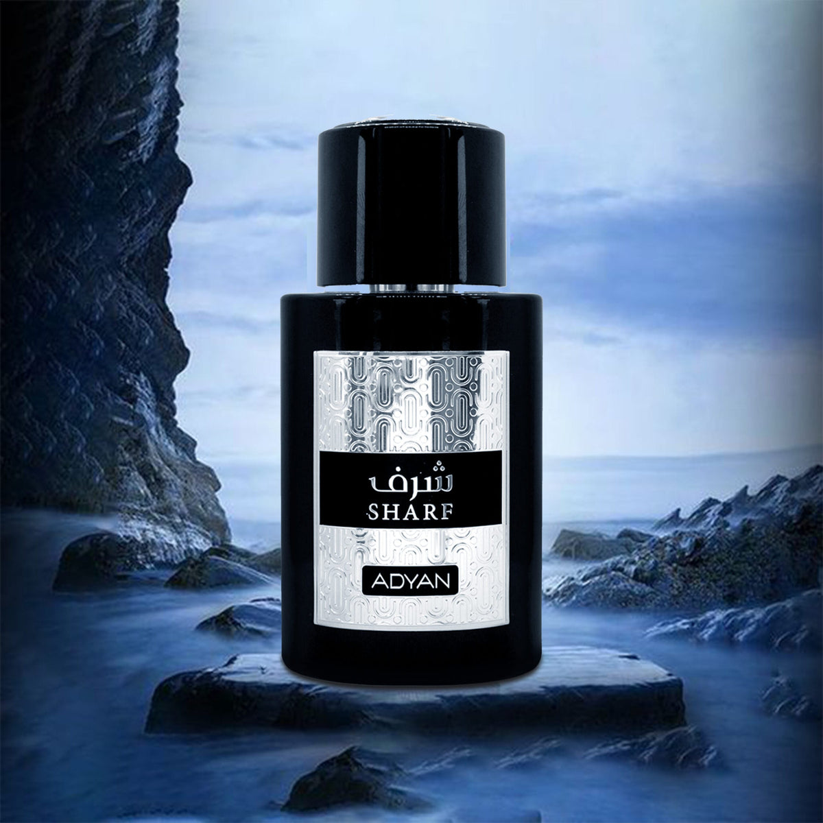 Sharf by Adyan sandalwood perfume for men showing bergamot, green tea and creamy sandalwood notes in elegant composition