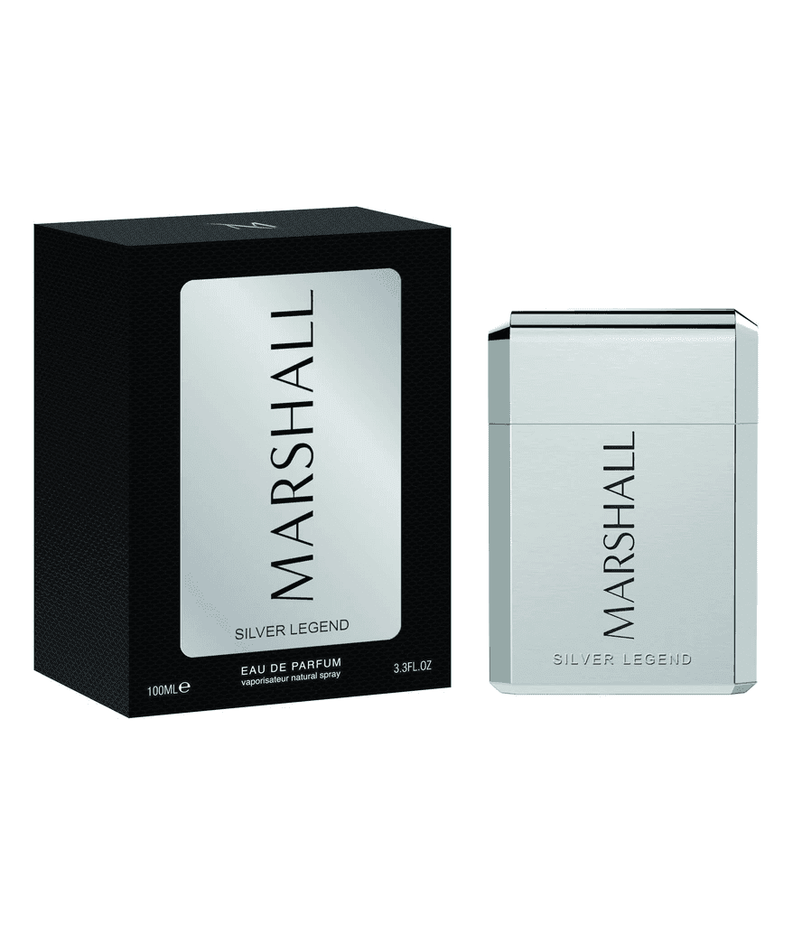 Marshall Silver Legend Eau De Parfum 100ml silver bottle and black box.