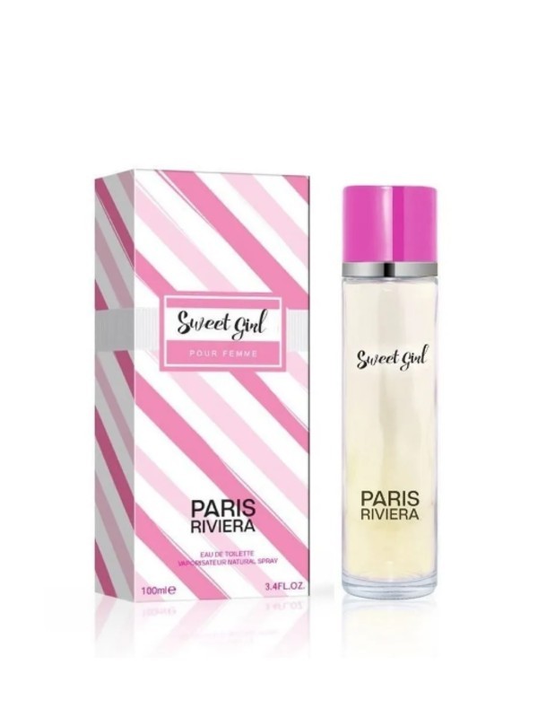 Paris Riviera Sweet Girl 100ml perfume bottle and matching pink and white striped box.