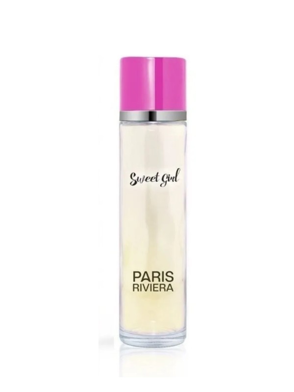 Paris Riviera Sweet Girl perfume in a slender clear glass bottle with a bright pink cylindrical cap.