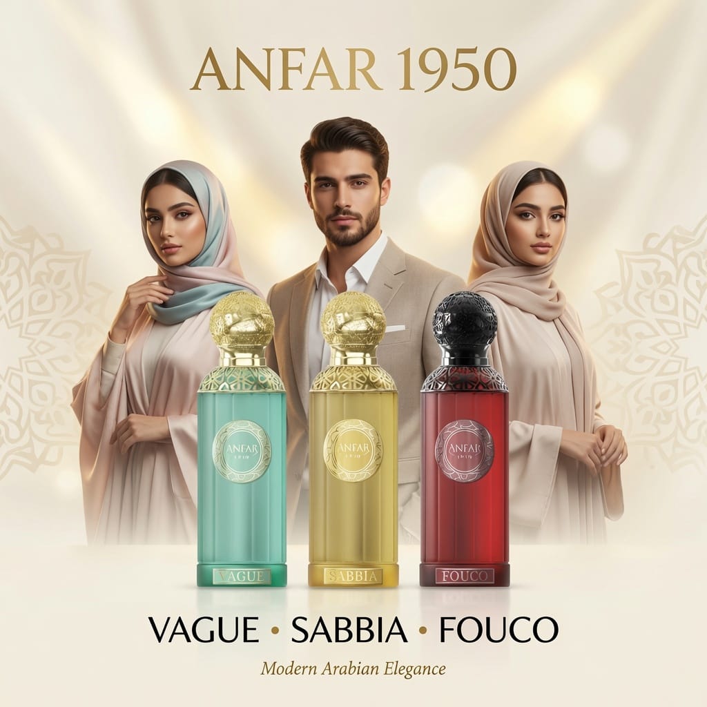 Anfar Element Edition – Long-lasting Oud perfume Collection presentation by three people