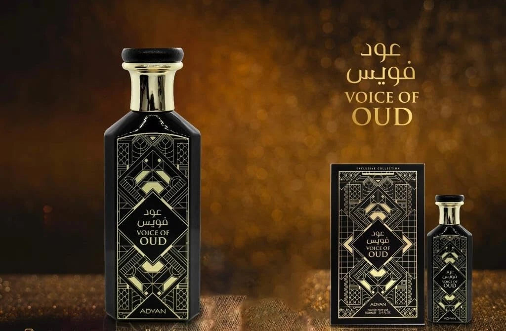 Adyan Voice of Oud 100ml Eau de Parfum. A luxurious fragrance for men and women with notes of rose, oud, and leather, presented in a beautifully designed bottle.