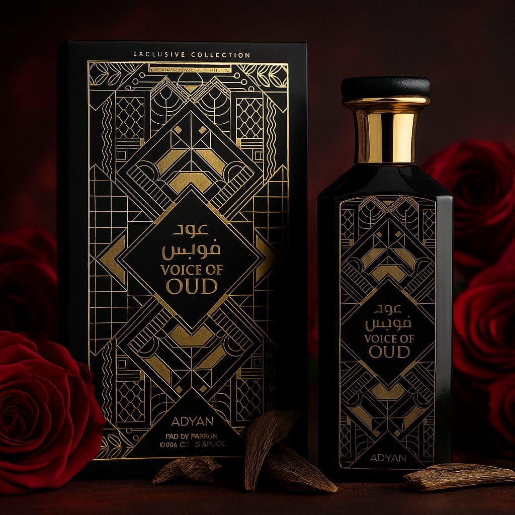 Adyan Voice of Oud 100ml Eau de Parfum. A luxurious fragrance for men and women with notes of rose, oud, and leather, presented in a beautifully designed bottle.