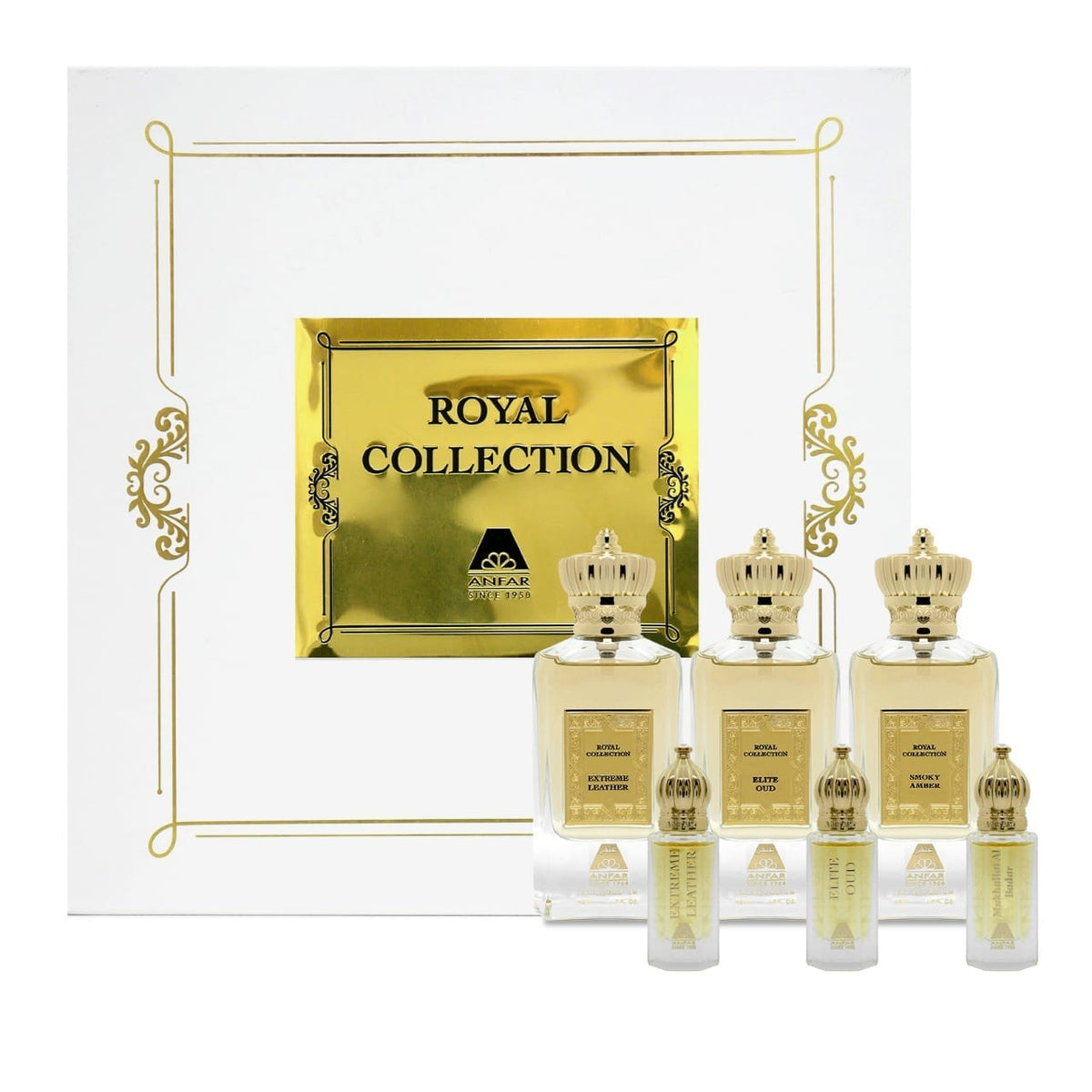 Royal Collection Gift Set by Anfar featuring 3 Arabic perfumes and 3 oud oils in luxury packaging