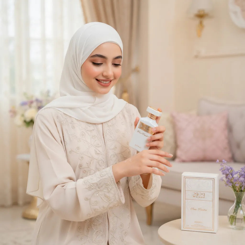 Woman wearing Wujood Rose Poudre powdery vanilla perfume