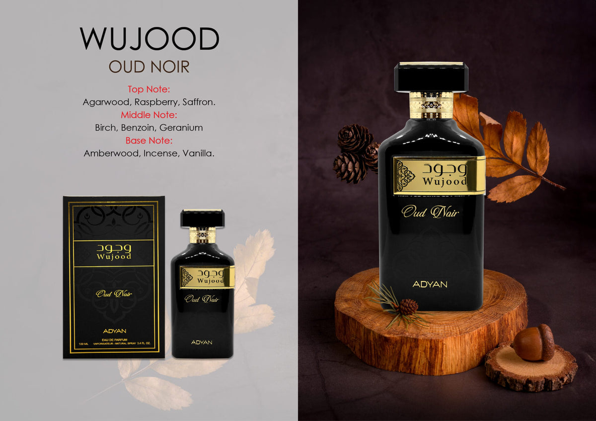 Wujood Oud Noir Adyan smoky black oud perfume for men luxury fragrance with notes