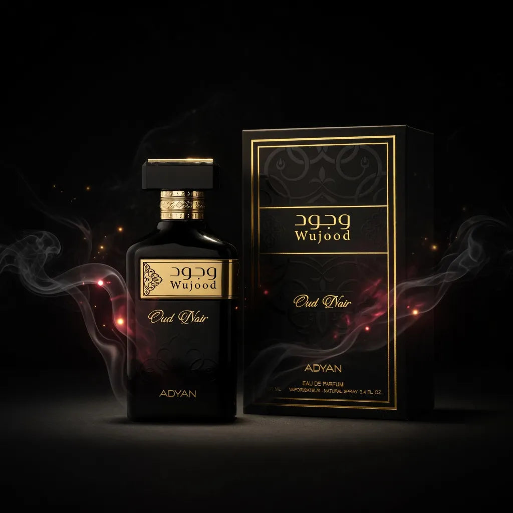 Close-up of Wujood Oud Noir by Adyan black oud fragrance bottle with gold label