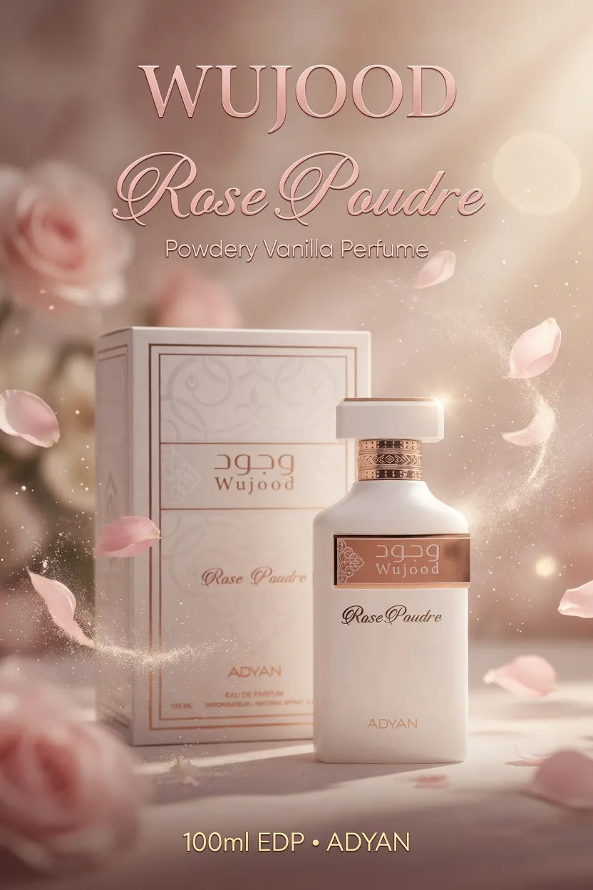 Powdery Vanilla Perfume for women Wujood Rose Poudre Adyan fragrance bottle close-up poster