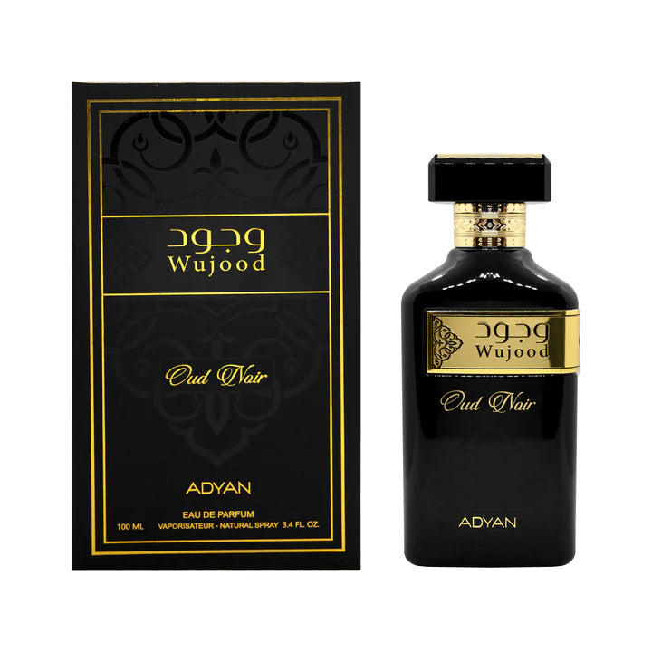 Wujood Oud Noir Adyan black oud perfume bottle and luxury black gold packaging 100ml EDP