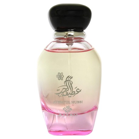 Atifatul Hubbi by Ajyad perfume bottle featuring pink gradient glass and a large black bulbous cap.