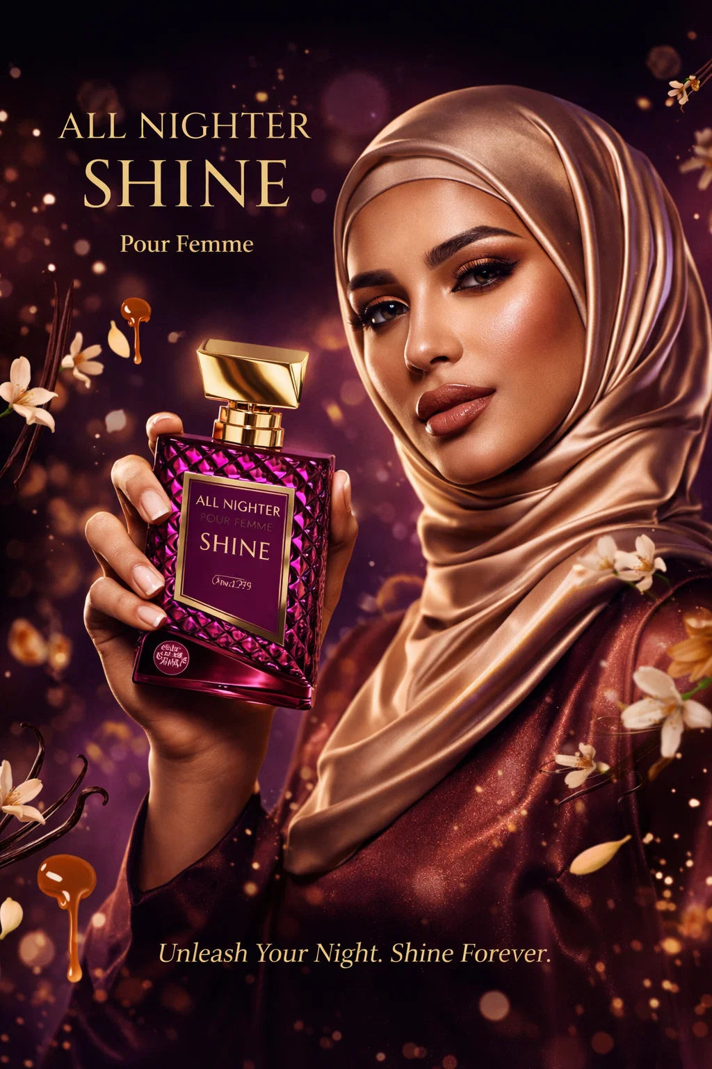 a female holding sweet vanilla perfume All nighter shire by anfar 1950 bottle