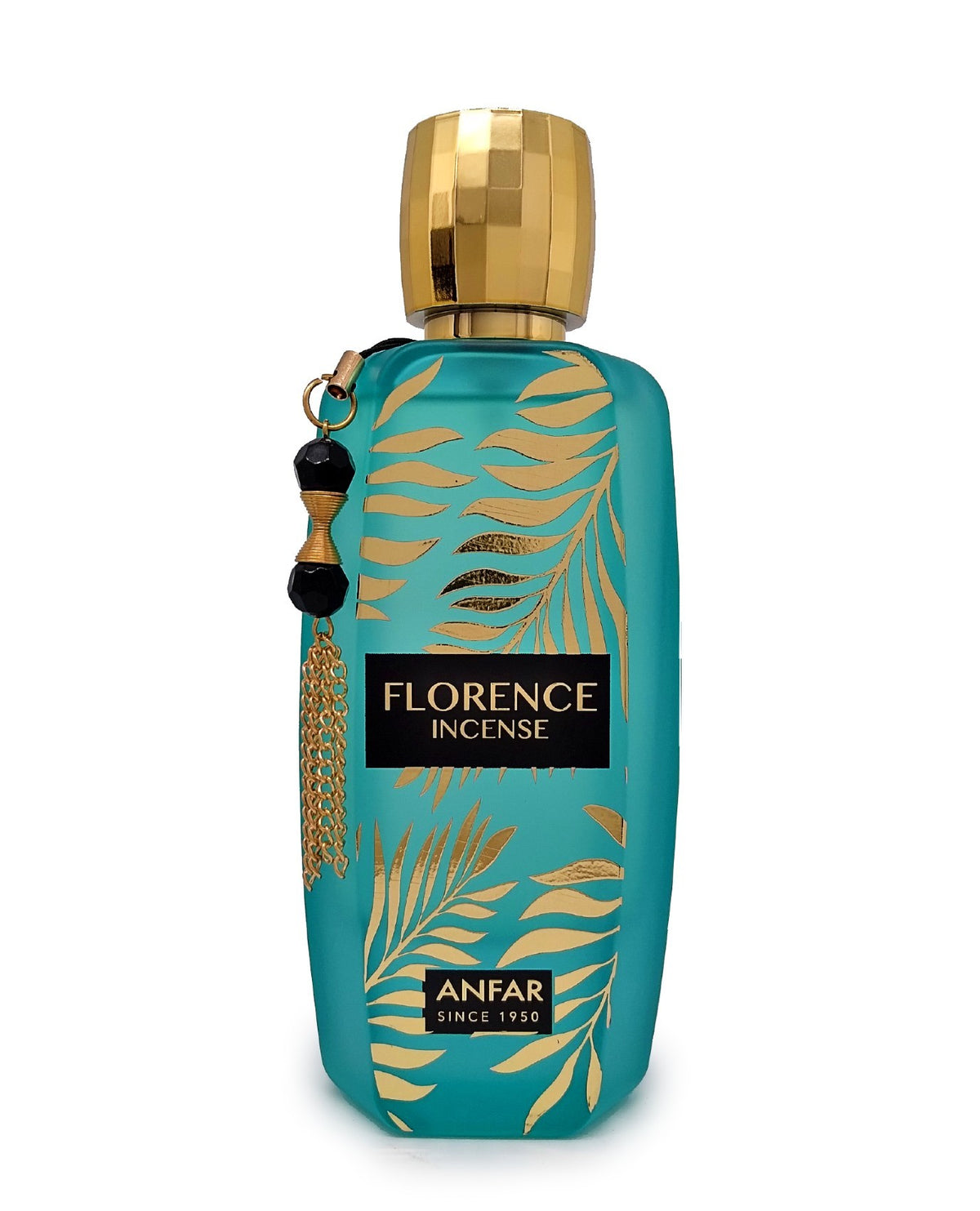 Teal Florence Incense perfume bottle by Anfar with gold palm leaf designs, faceted gold cap, and beaded charm.